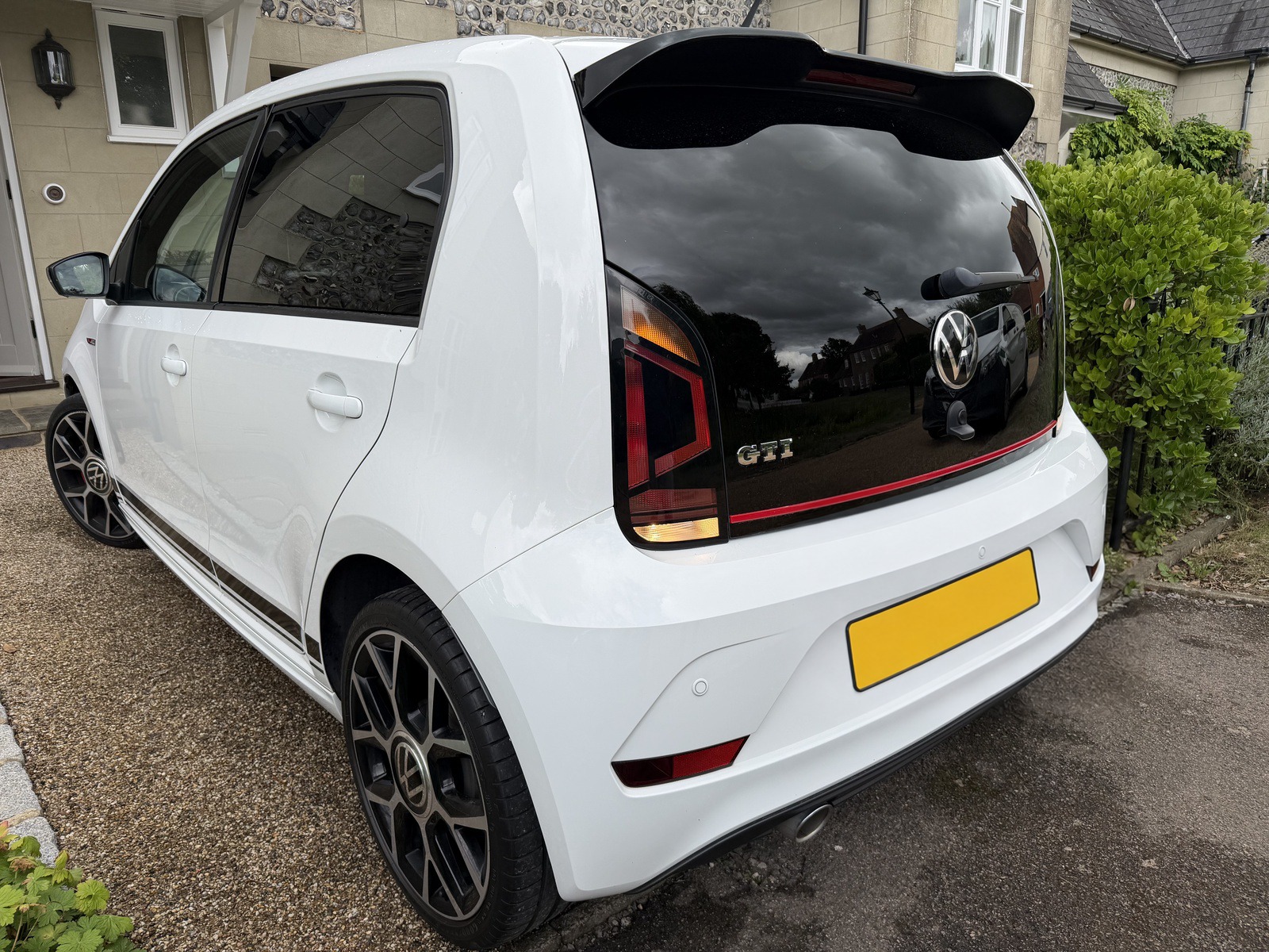 White VW Up GTI rear bumper with rear parking sensors fitted